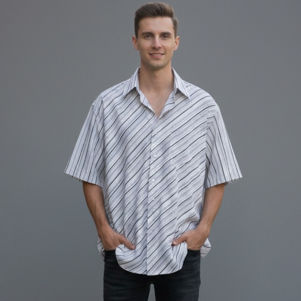 Dimension Men's NWOT Gray Striped Short Sleeve Casual Button Down Shirt Sz Small